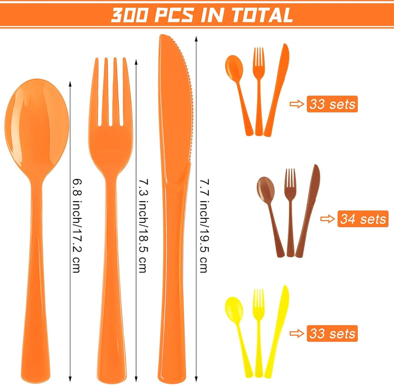 300 Pieces Thanksgiving Plastic Silverware Heavy Duty Plastic Cutlery Set Heavyweight Disposable Flatware Includes Spoons Forks Knives for Thanksgiving Party Supplies Wedding Dinner