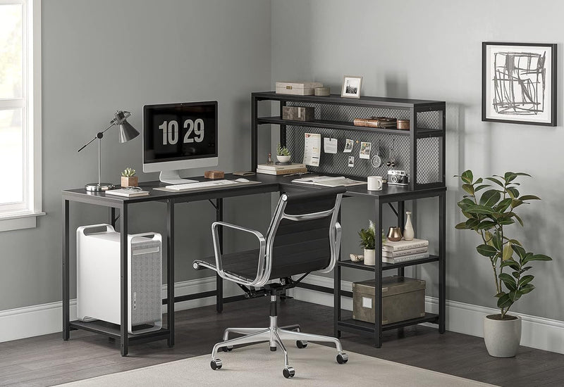 Cubicubi L Shaped Computer Desk with Hutch & Iron Mesh, 59 Inch Large Home Office Desk with Storage Shelves, Study Table Writing Desk Workstation, Black