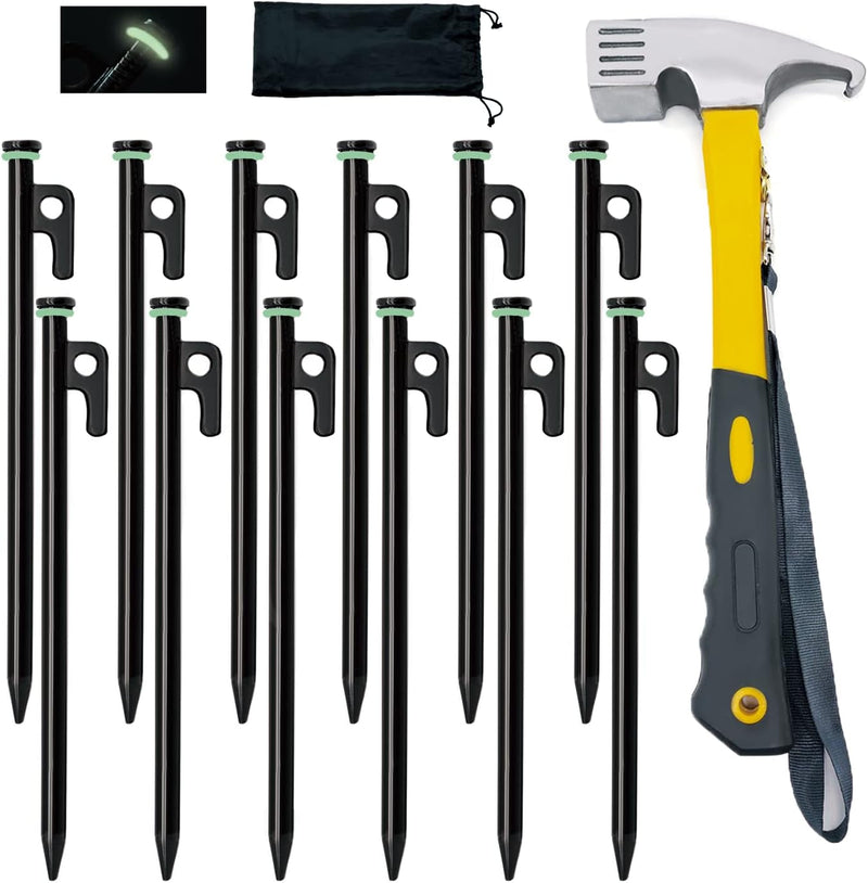 8/12/16Pack Tent Stake with Hammer, 8/10/12/16In Heavy Duty Tent Stakes + 10In Tent Stakes Hammer+Storage Pouch, Forged Steel Tent Stakes Used on Rocks (12 Pack 10In Tent Stakes+Hammer)