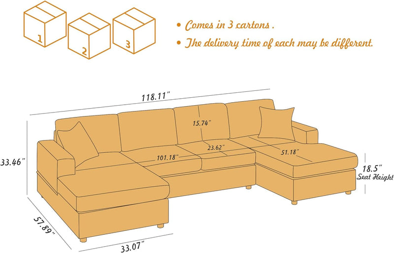 118'' U Shaped Sectional Sofa Couch, Corduroy Fabric Modern Cozy Jumbo Size 6-Seater Sofa, Double Chaise Longue, Beige