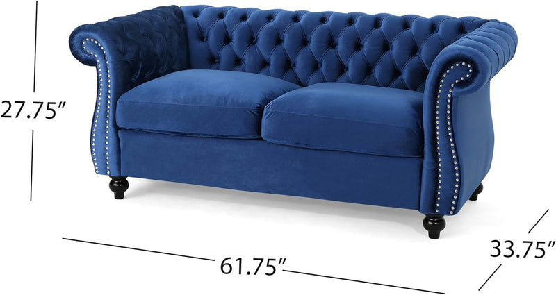 Christopher Knight Home Karen Traditional Chesterfield Loveseat Sofa, Navy Blue and Dark Brown, 61.75 X 33.75 X 27.75