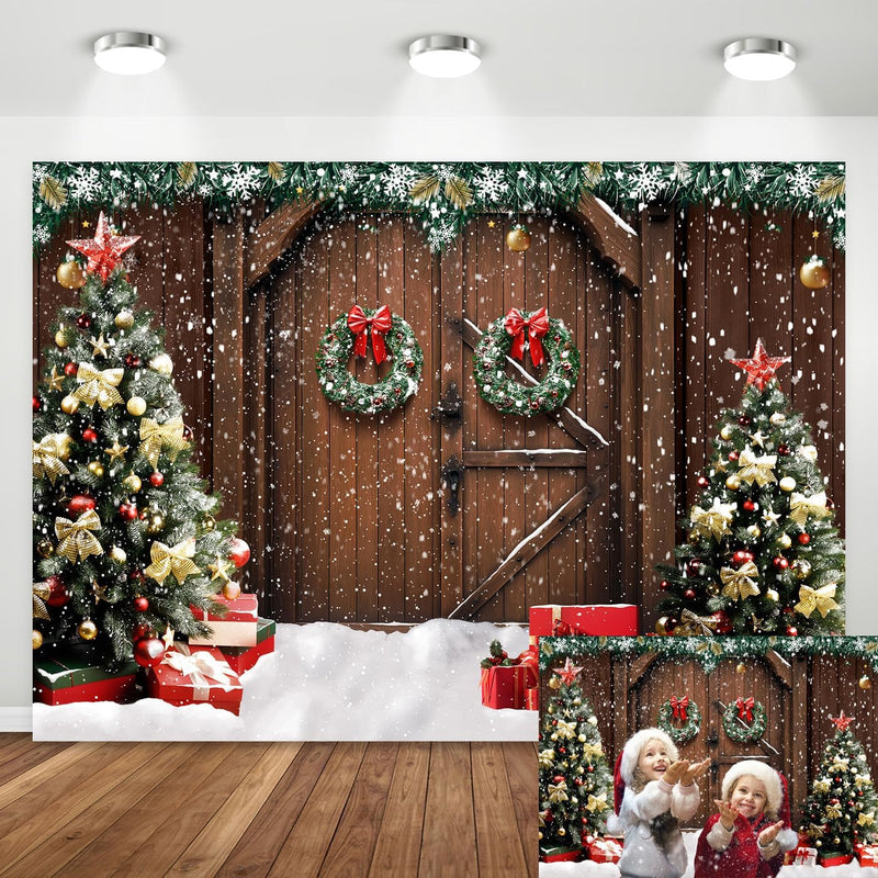 5X7Ft Christmas Backdrop Rustic Barn Wood Door Party Photography Backdrop Background Xmas Family Tree Snow Gift Wall Floor Party Decorations Supplies Photo Studio Props Pictures