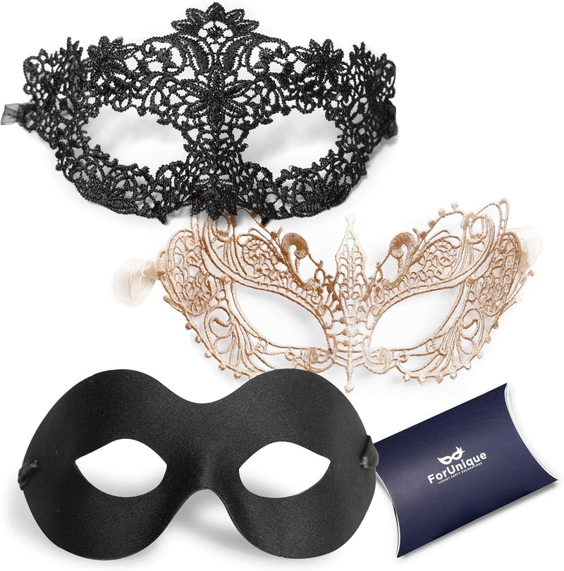 Forunique Masquerade Mask for Couples Women and Men - 3 Pack Venetian Gold and Black Lace, Mardi Gras Mask