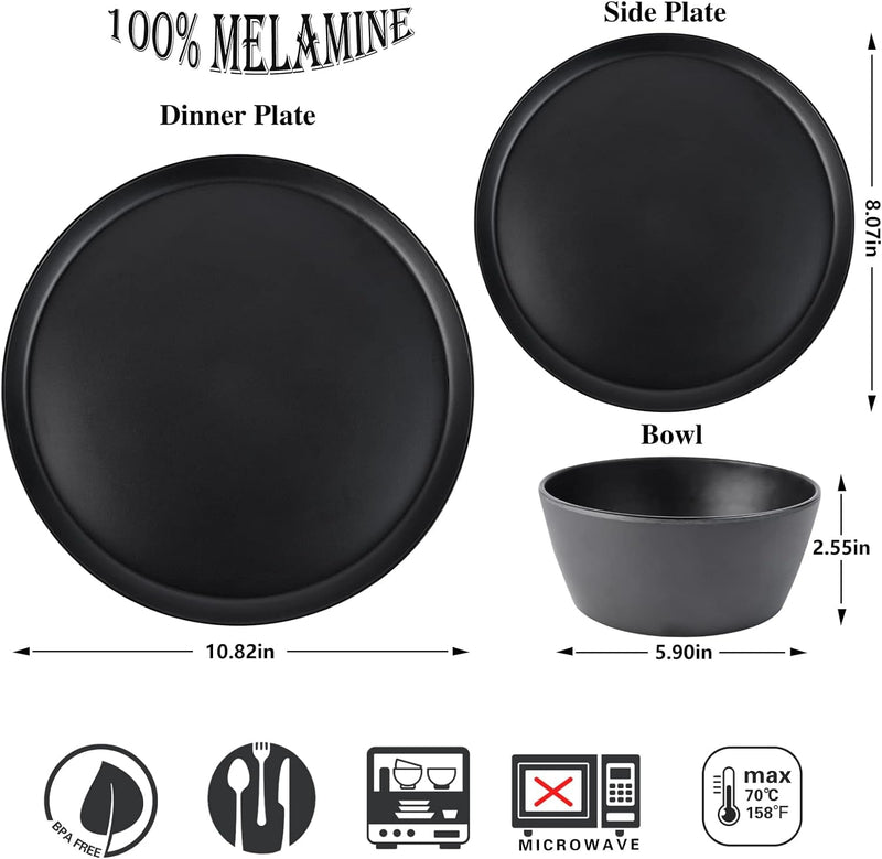 12-Piece Plastic Dinnerware Set Plates and Bowls Sets Service for 4 Matte Black Melamine Plates Unbreakable Plastic Outdoor Camping Dishes Decor Dishwasher Safe