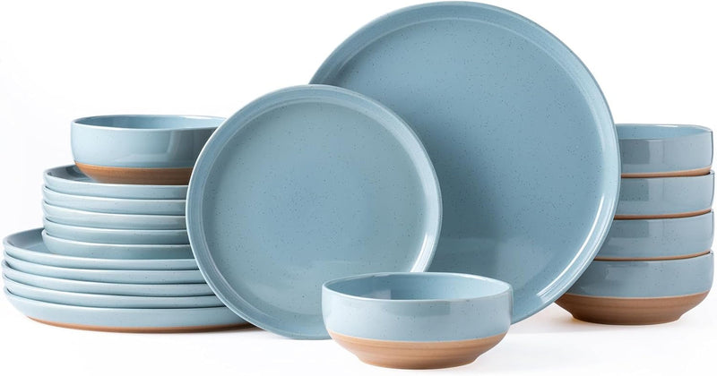 Amorarc Ceramic Dinnerware Sets for 4, 12 Pieces Handpainted Plates and Bowls Set with Rustic Terracotta Underside, Scratch Resistant Stoneware Dishes Set, Dishwasher & Microwave Safe, Light Beige