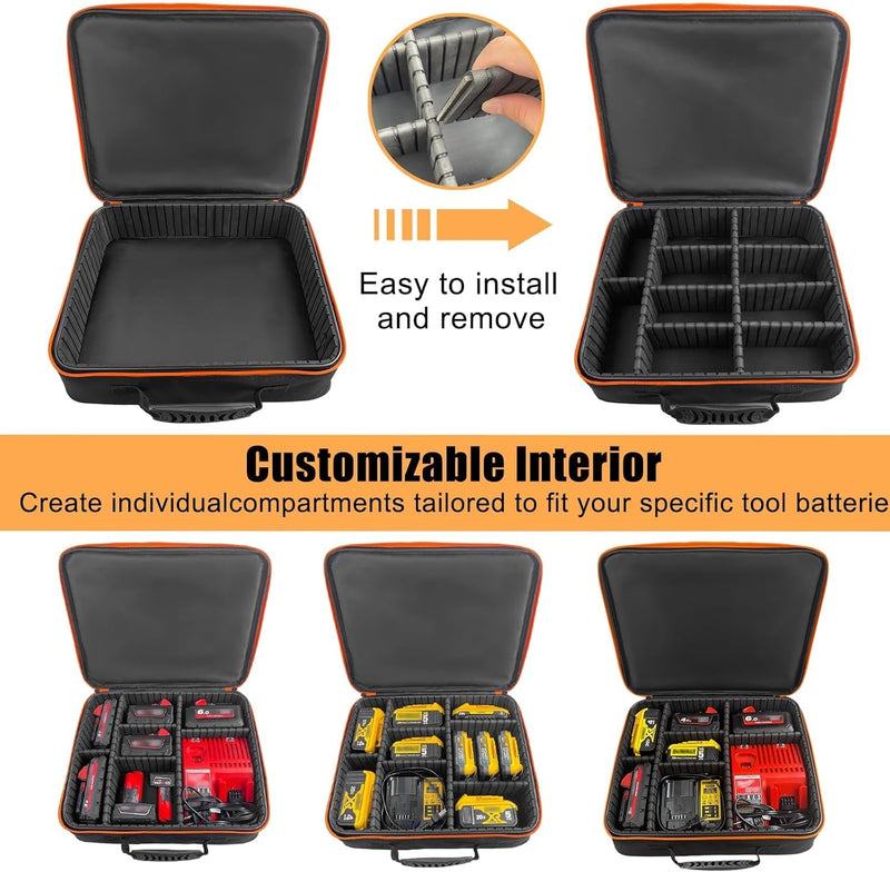 Extra Large Hard Tool Battery Carrying Case Fits for Dewalt/Milwaukee/Makita 20V/60V/12V/18Vbattery & Charger, Portable Power Tool Box Storage Bag with Adjustable Dividers for Accessories Organizer