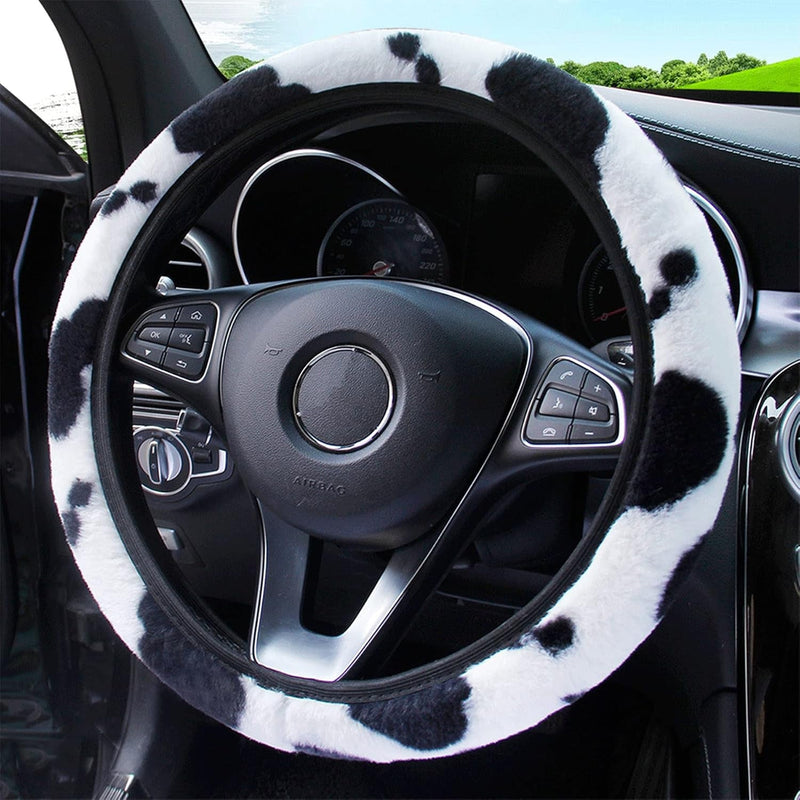 ALEMODR Cow Print Plush Steering Wheel Cover Fluffy Winter Warm Universal 15 Inch for Women Girls