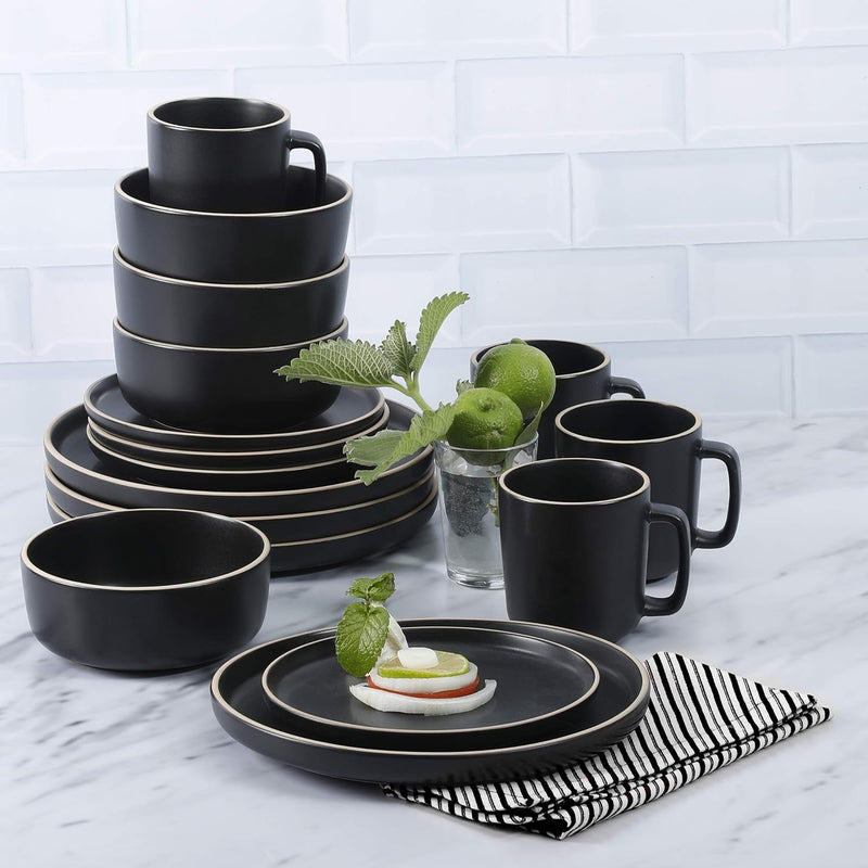 Gibson Home Zuma 16 Piece round Kitchen Dinnerware Set, Dishes, Plates, Bowls, Mugs, Service for 4, Matte Stoneware, Black