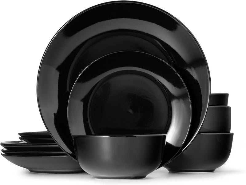 Dinnerware Sets, Fine Porcelain Dinnerware Sets, Plates and Bowls Sets, Dishes, 12-Piece Service for 4, Black