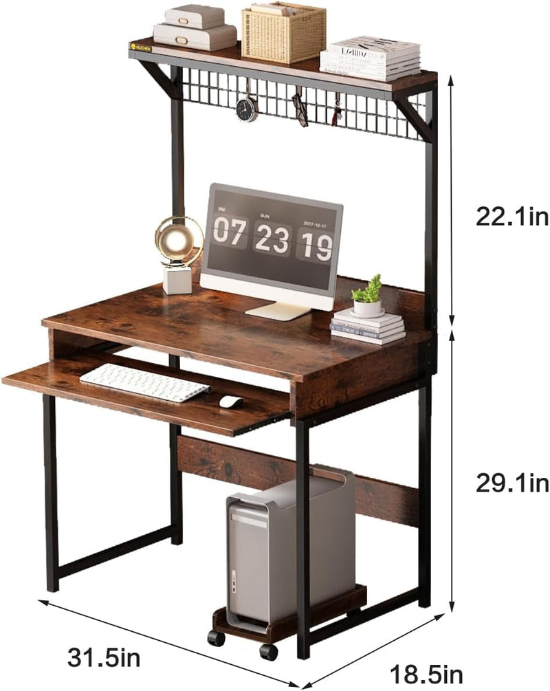 31.5" Computer Desk with Hutch, Office Desk Study Table Writing Desk Workstation PC Table for Home Office, Space Saving Design