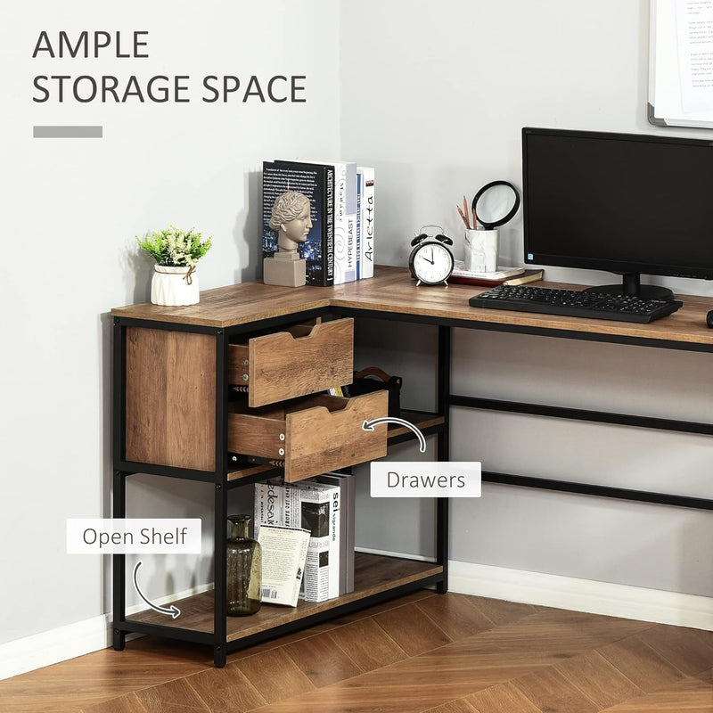 HOMCOM L-Shaped Home Offie Computer Desk with Storage Shelves, 2 Dawers and Industrial Steel Frame, Black/Brown