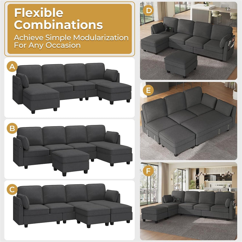 113'' Sectional Couches with Storage Seats and USB Ports U Shaped Convertible Sofa Couch with Reversible Chaise Chenille Modular Sectional Sofa Couches with Ottomans for Living Room,Grey