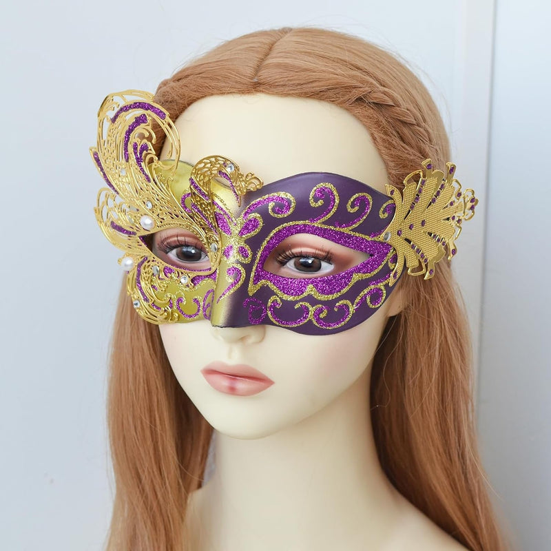 2024 New Purple Masquerade Mask for Women-Peacock Metal Filigree Venetian Mask- Butterfly Mascarade Mask for Women -Perfect for Mardi Gras, Halloween Parties, Costume Party, Carnivals, Wedding