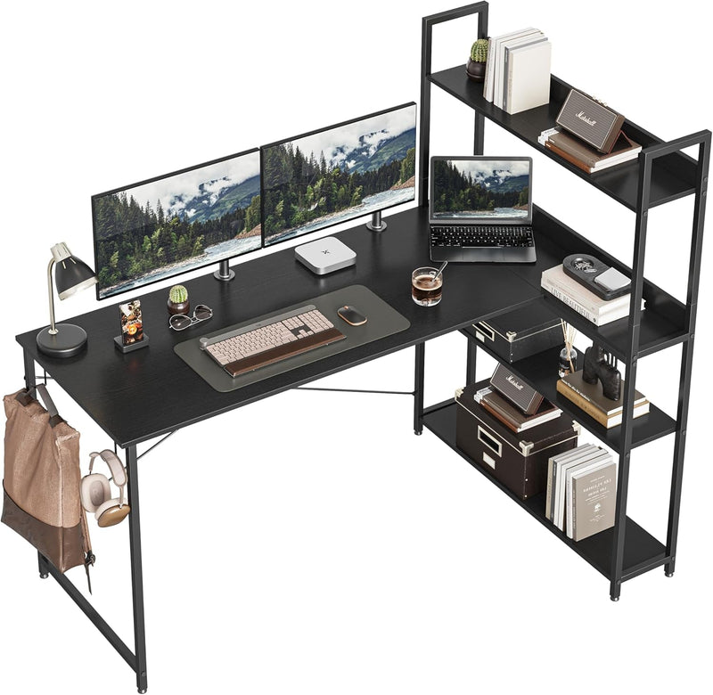 Cubicubi Computer Corner Desk with Storage Shelves, 47 Inch Reversible Small L Shaped Computer Desk, Home Office Writing Desk with 2 Hooks, Black