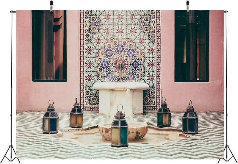 BELECO 7X5Ft Fabric Morocco Backdrop Morocco Style Decoration Interior Fountain and Architecture Arabic Culture Background Islamic Religious Photo Booth Studio Props