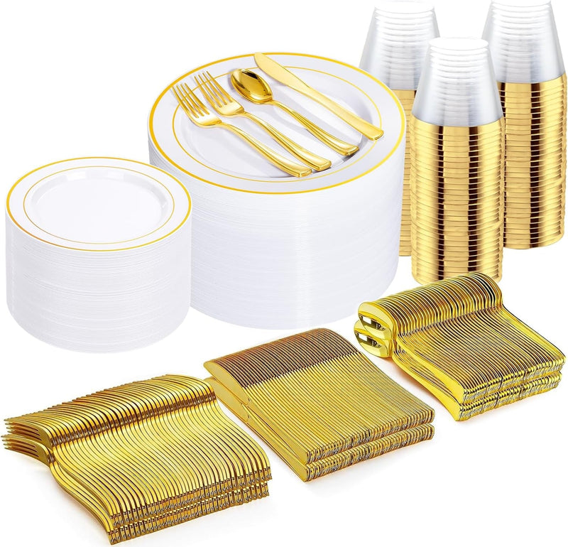 Dayammi 30 Guests Gold Plastic Plates with Disposable Silverware,Gold Cutlery with White Handle,White&Gold Disposable Dinnerware:60 Plastic Plates Gold Rim,90 Plastic Silverware Set for Party Wedding