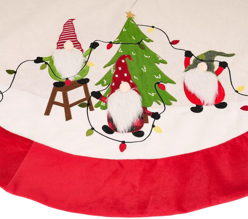 Burlap Christmas Tree Skirt, 48 Inch Soft Red Edge Tree Mat with Gnomes & String Lights Xmas Tree Skirt Christmas Holiday Decorations for Home Party Indoor