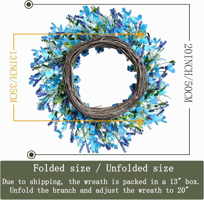 Artificial Summer Wreath, 20" Artificial Flower Wreath with White and Blue Daisy, Spring Wreaths with LED Lights for Front Door Home Decor