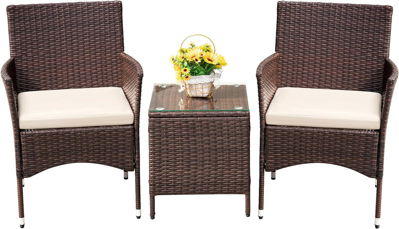 Devoko Patio Porch Furniture Sets 3 Pieces PE Rattan Wicker Chairs with Table Outdoor Garden Furniture Sets (Brown/Beige)