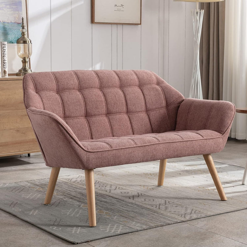48" Small Loveseat for Small Spaces, Upholstered Durable Linen Fabric Loveseat Sofa, Mid Century Modern Mini Couch with Armrest and Wood Legs for Bedroom/Living Room/Apartment, Pink