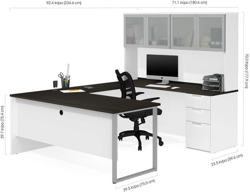 Bestar Pro-Concept plus U-Shaped Executive Desk with Pedestal and Frosted Glass Doors Hutch, White & Deep Grey