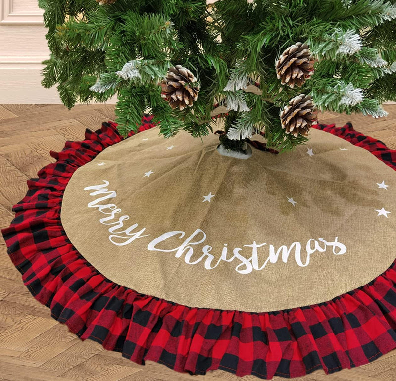 Jupe d'arbre de Noël AISENO 48 pouces en lin et toile de jute Buffalo Plaid Edge Décoration pour fête de joyeux Noël Décorations de jupe d'arbre de Noël Buffalo rouge et noir