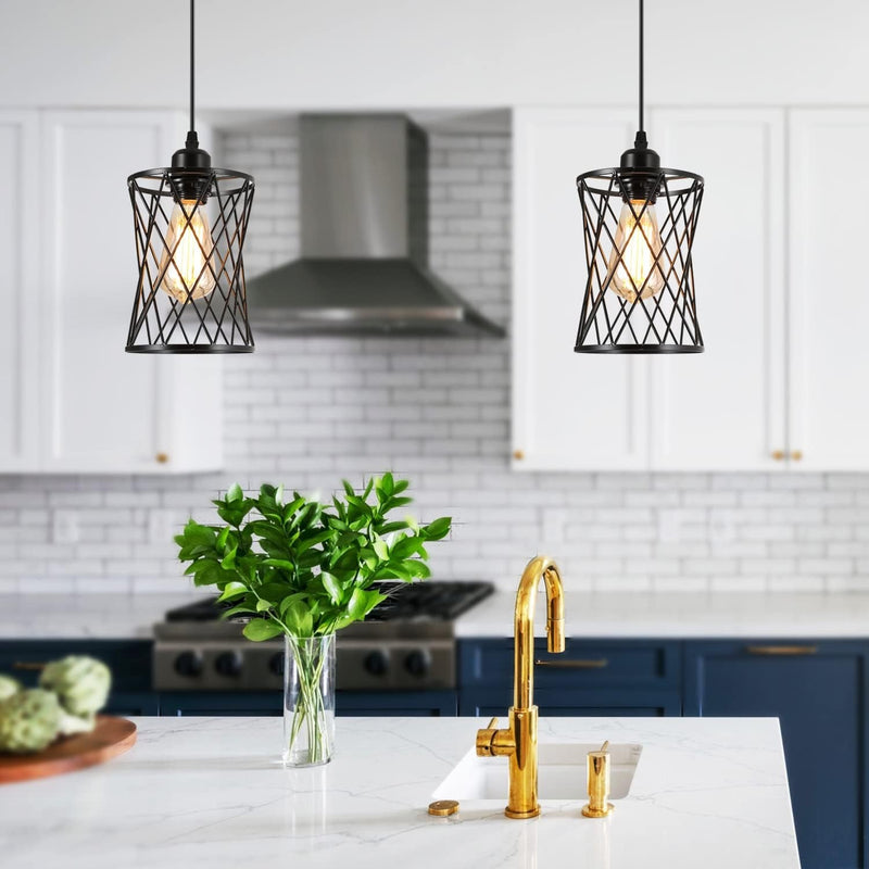 2-Pack Farmhouse Pendant Lights - Industrial Metal Cage Island Fixture for Kitchen, Dining Room, Bedroom, Bar, and Sink - Adjustable Hanging Ceiling Lamp in Black - Stylish and Functional Lighting