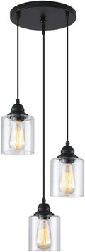 3-Lights Industrial Pendant Light with Glass Shade Matte Black Pendant Lighting Adjustable Industrial Retro Style Hanging Light Fixture for Kitchen, Farmhouse