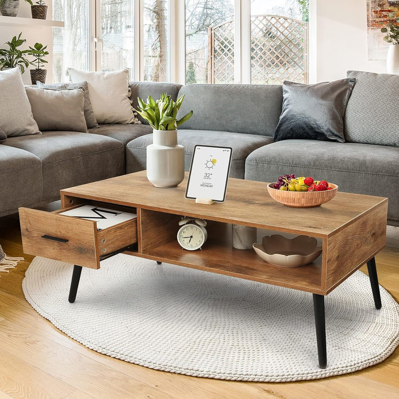 HAIOOU Coffee Table, Mid Century Modern Style Cocktail Table TV Stand with Drawer, Open Storage Shelf, Stable Floor-Anti-Scratching Pine Leg for Home, Office, Living Room