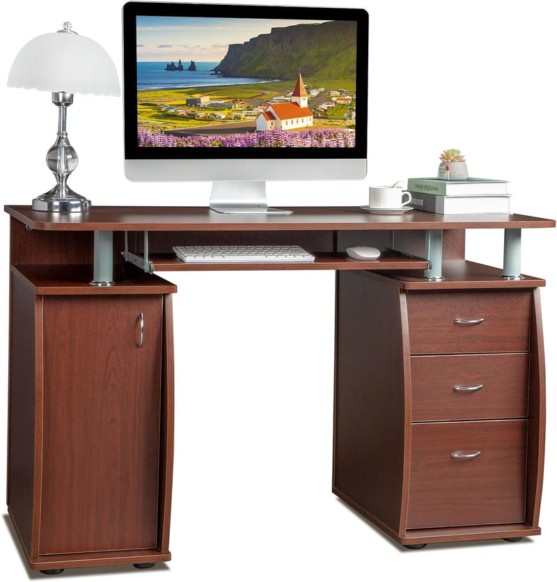 Computer Desk with Drawers & Storage Cabinet, Small Office Desk PC Laptop Workstation for Home, Studio, Office, Apartment (Coffee)