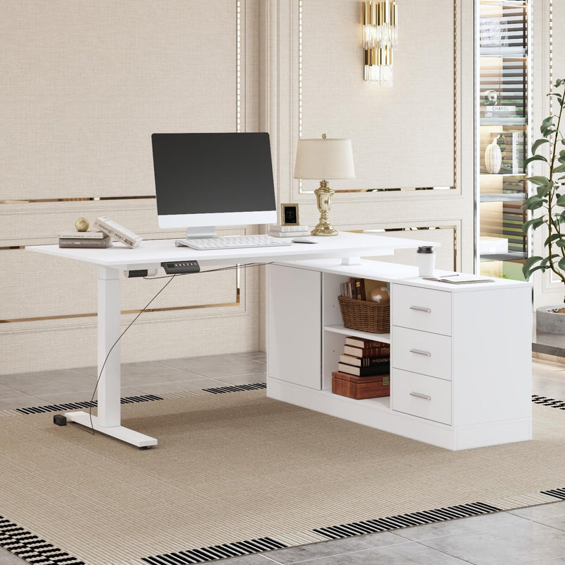 FAMAPY Electric Height Adjustable Standing Desk with Drawers and Shelves, 63 X 31.5 Inches Electric Standing Desk, 29”-44” Height, Metal Frame Leg, Stand up Desk for Home Office White