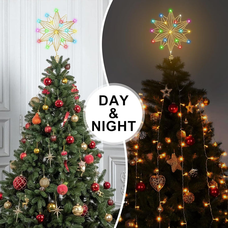 Christmas Star Tree Topper, RGB 8In Glittered Star Tree Topper Light with 20 LED Lights, Hollow Designed with USB Plug for Indoor New Year Holiday Tree Decoration