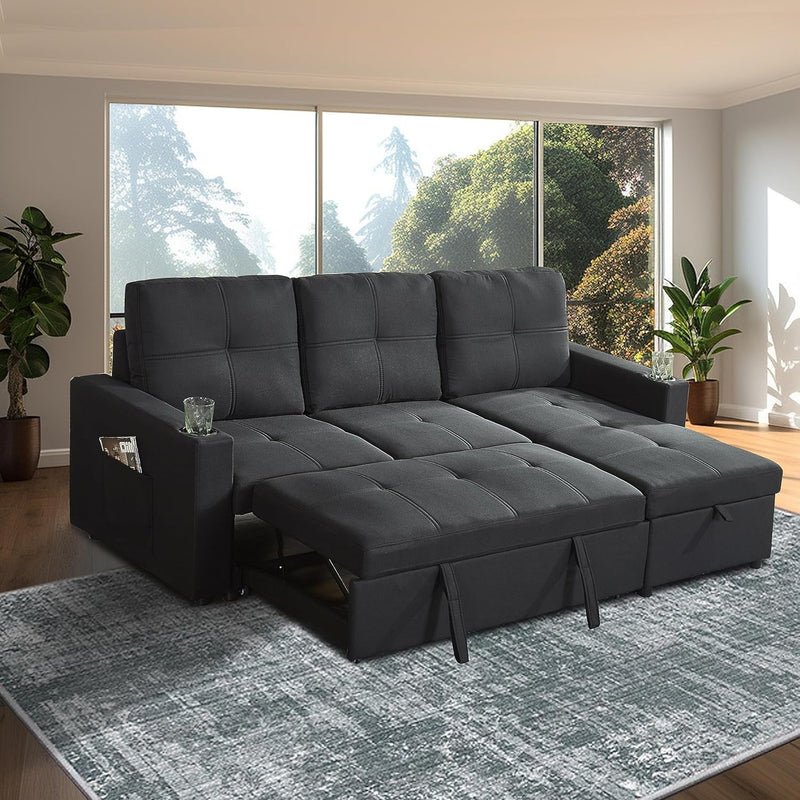 Bonrcea Pull Out Sleeper Sofa,L-Shaped Reversible Sleeper Sectional Sofa Bed with Storage Chaise for Living Room (Black)