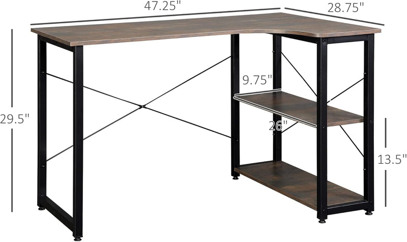 HOMCOM Industrial L-Shaped Computer Desk with 2 Side Shelves and Steel Frame, Corner Desk, Study Workstation for Home Office, Dark Grey