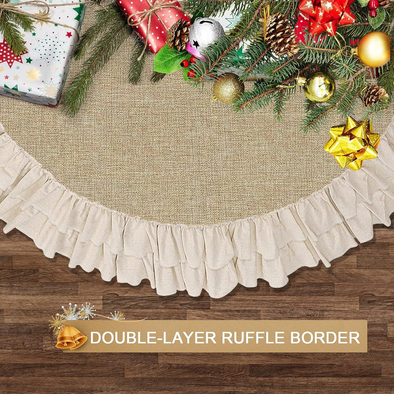 Burlap Tree Skirt 48 Inches, Fall Boho Rustic Christmas Tree Skirt, Xmas Tree Skirt with Ruffle, Farmhouse Christmas Ornaments Decorations