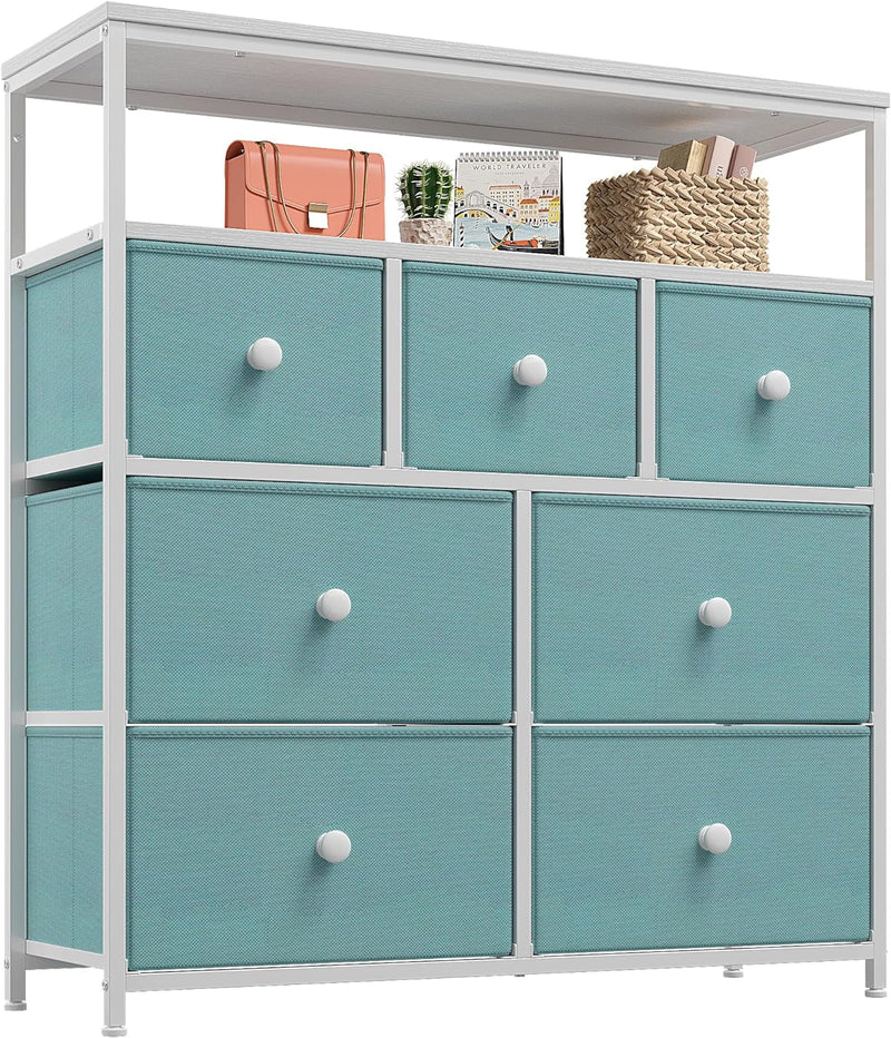 Enhomee Dresser, Dresser for Bedroom with 7 Drawers, Dressers & Chests of Drawers for Bedroom, Dresser TV Stand with Wooden Top and Metal Frame, Fabric Dresser for Bedroom, Living Room, Closet