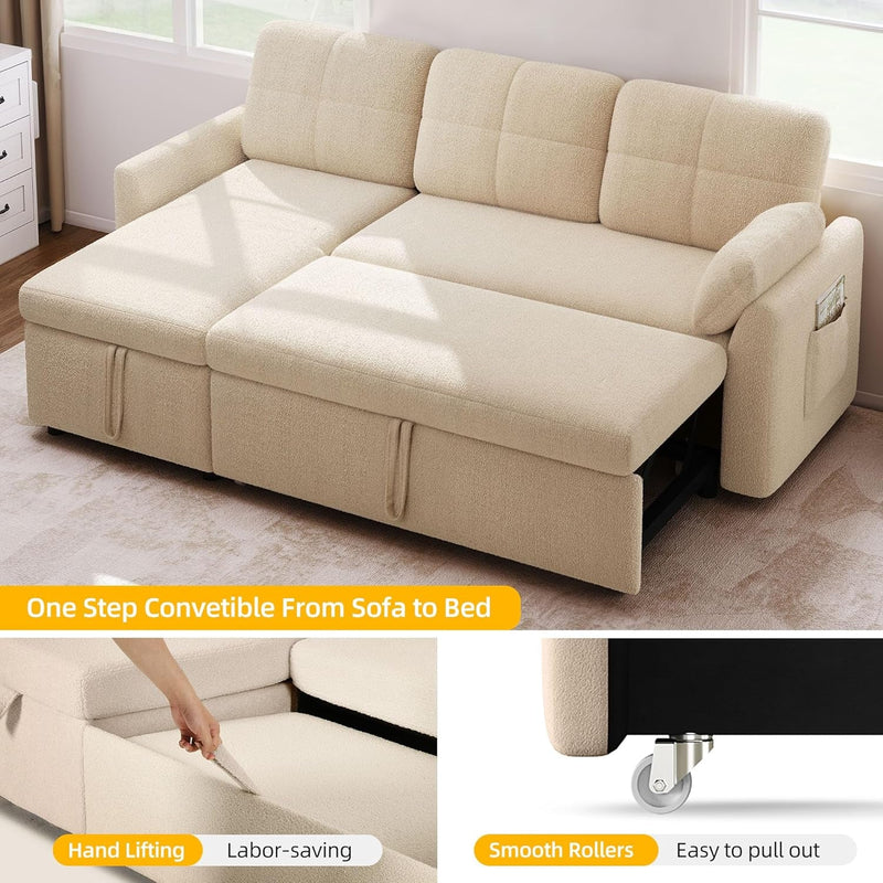 DWVO Convertible L-Shaped Sofa Bed, 2 in 1 Sleeper Sofa with Pull Out Couch Bed, 86" Sectional Sofa with Storage Chaise and Pocket for Living Room, Beige Teddy Fleece