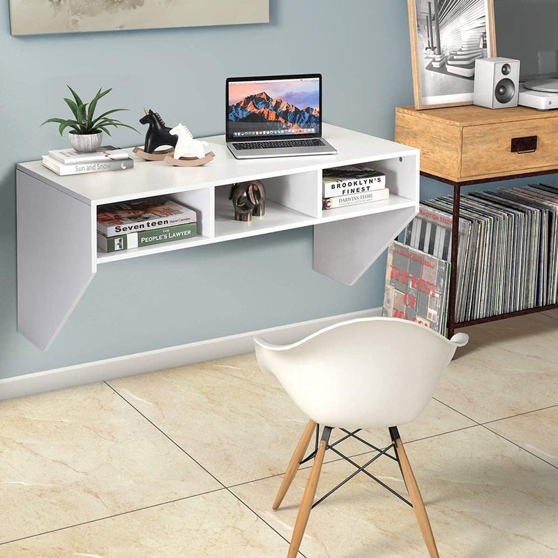 Computer Floating, Home Office Working, 42.5” Laptop Table Writing W/Storage Shelves, Modern Console Media Cabinet Wall Mounted Desk Hutch, White