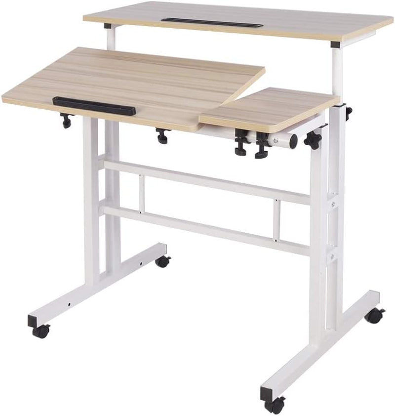 Dlandhome Adjustable Rolling Desk Standing Desk, Sit-Stand Desk Cart Mobile Computer Desk Stand up Desk Office Desk Riser Standing Table Workstation Mobile Desk, White