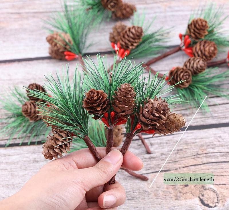 20Pcs Artificial Pine Picks Christmas Pine Picks Small Fake Berries Pinecones Branches Artificial Pine Tree for Christmas Flower Arrangements Wreaths and Holiday Decor