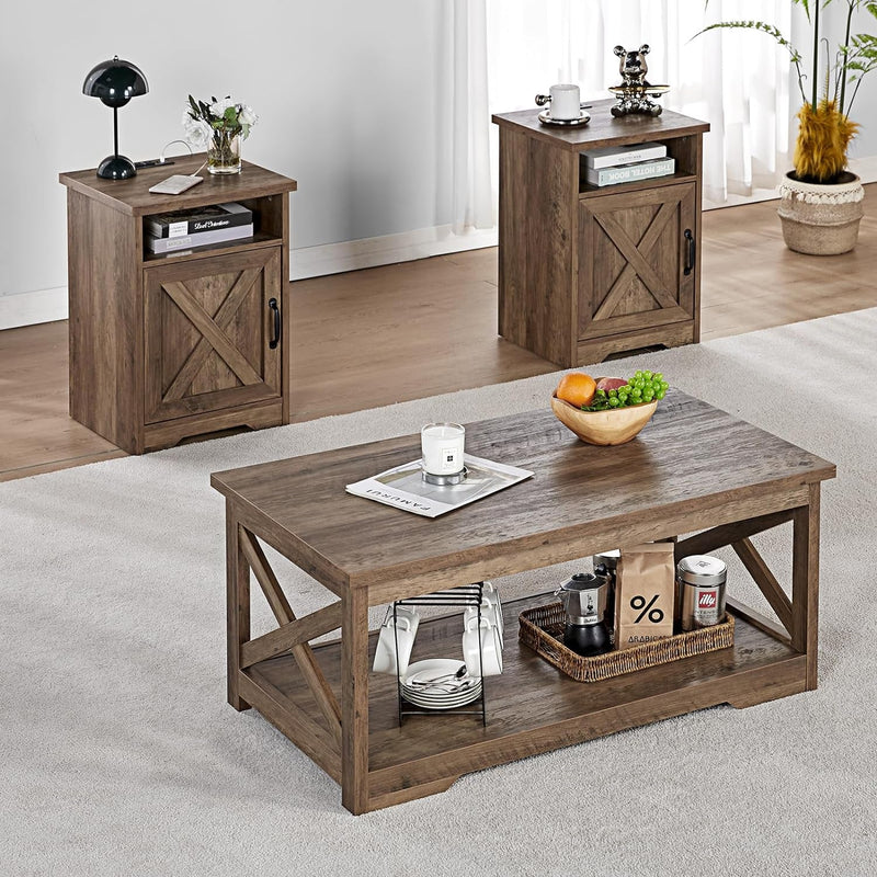 AMERLIFE 3-Piece Farmhouse Table Set Includes Coffee Table& Two End Tables, Side Table with Charging Station and USB Ports, for Living Room, Bedroom, Distressed White