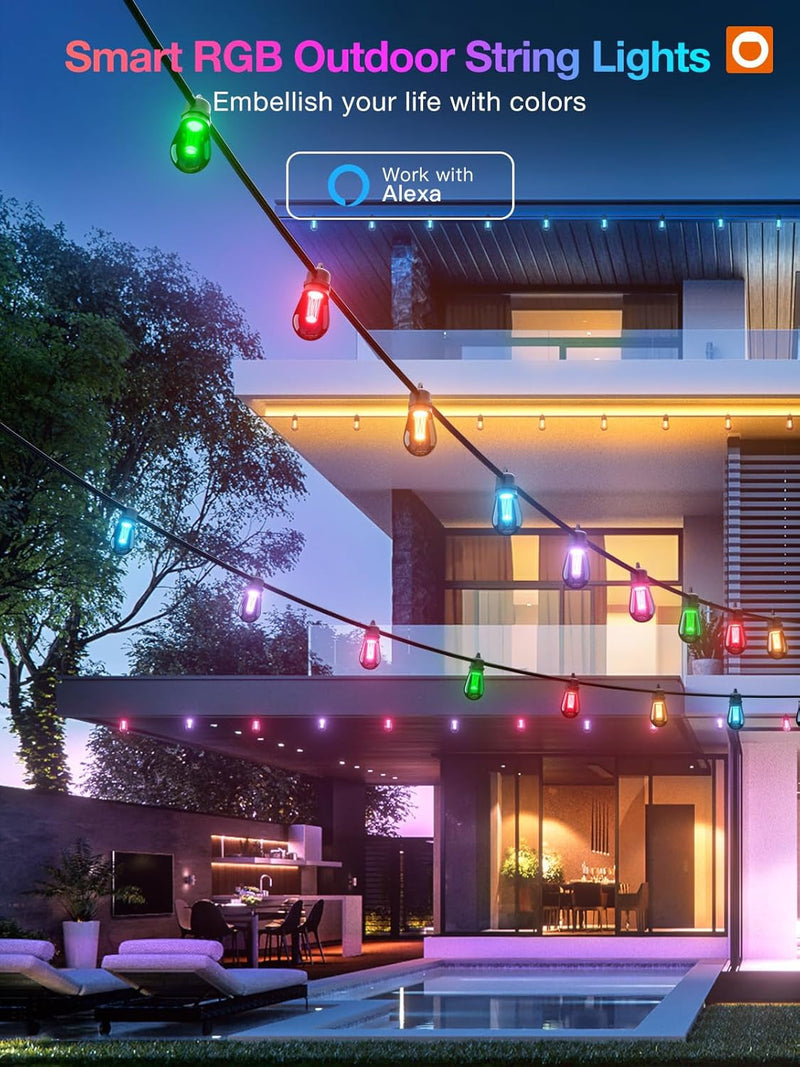 Addlon 48FT Smart RGB Outdoor String Lights with Remote, Dimmable Patio Lights 15 Waterproof Shatterproof LED Bulbs, WIFI Color Changing String Lights Work with Alexa, APP Control, Music Sync for Yard