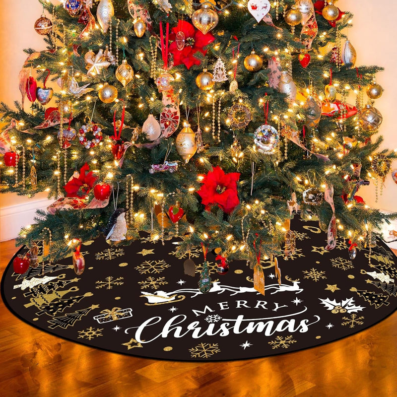 Capoda Christmas Tree Skirt 48 Inch Short Plush Xmas Tree Mat Merry Christmas Tree Collar for Winter Holiday Home Room Christmas Tree Decorations Supplies(Black Gold)