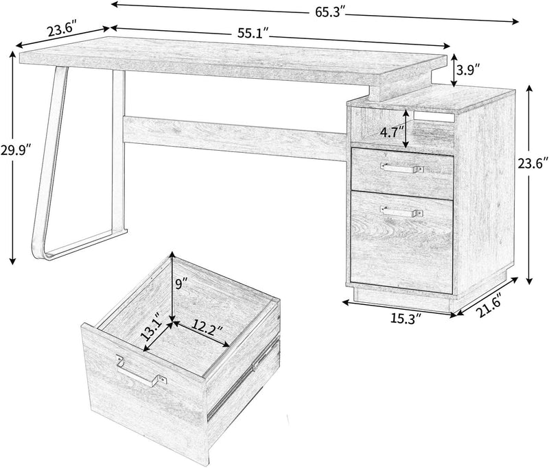 Home Office Computer Desk with Drawers/Hanging Letter-Size Files/65 Inch Writing Study Table with Drawers