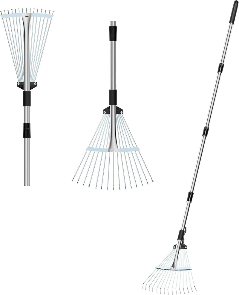 Garden Leaf Rake, Strong Metal Rake for Leaves, Adjustable Length 37"-68", Adjustable Expandable Head 7"-15", Stainless Steel Ideal Lawn Rake for Lawn, Garden, Yard, Flowers Beds, Bush