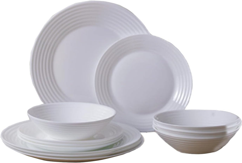 12 Piece White Opal Dinnerware Set, Opal Dinner Set, Kitchen Non-Toxic, Scratch & Chip Resistant, Microwave, Dishwasher Safe - 4Pc Dinner Plate, 4Pc Salad Plate, 4Pc Cereal Bowl