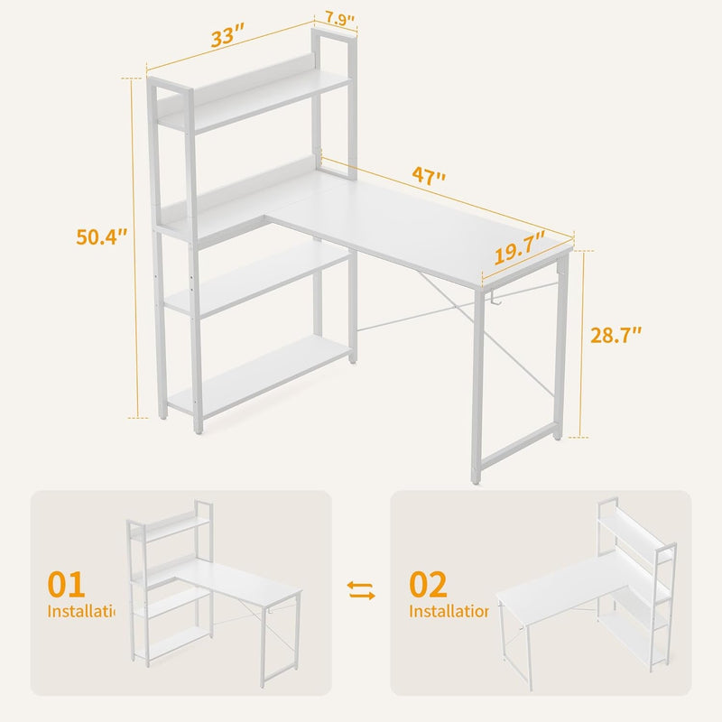 Cubicubi Computer Corner Desk with Storage Shelves, 47 Inch L Shaped Desk with Bookshelf, Home Office Writing Desk with Hooks, Small L Study Table, Rustic Brown