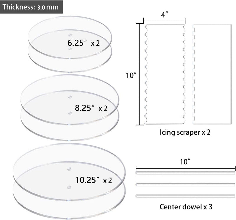 Boyun Acrylic Cake Disk Set, 3-Piece (6.25'' + 8.25'' + 10.25''), Includes Comb Scrapers, Dowel Rods, Bpa-Free