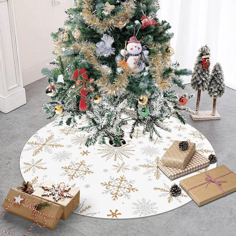 Christamas Tree Skirt 48 Inch, Snowflake Christmas Decorations for Home White Gold Christmas Decor Seaonal Winter Holiday Party Decorations