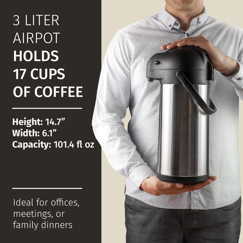 Coffee Carafe with Pump - 102Oz / 3L Airpot 12 Hours Large Carafe Hot Cocoa Dispenser for Parties-Hot Water Dispenser, Tea Flask-Insulated Stainless Steel Hot Beverage Dispenser-Thermal Carafe Air Pot